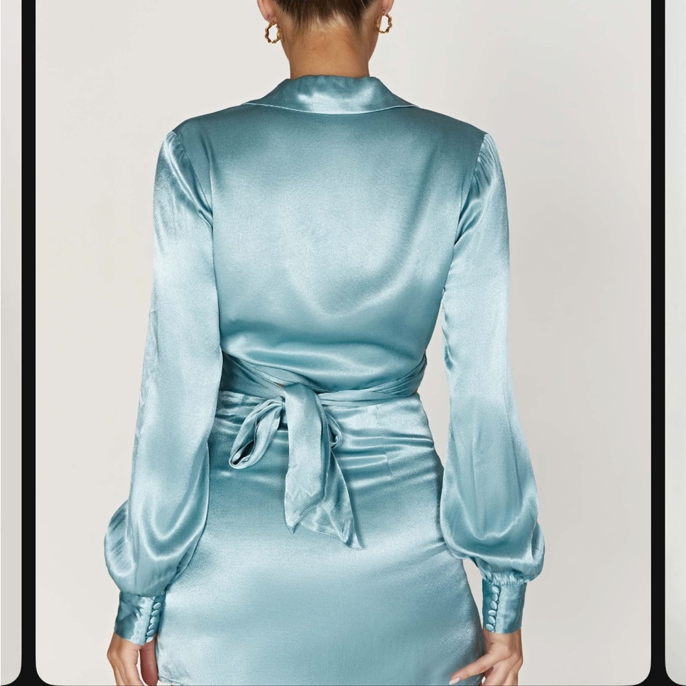 Meshki Amia Satin Wrap Shirt & Mini Skirt Set - Powder Blue - Picture 4 of 6